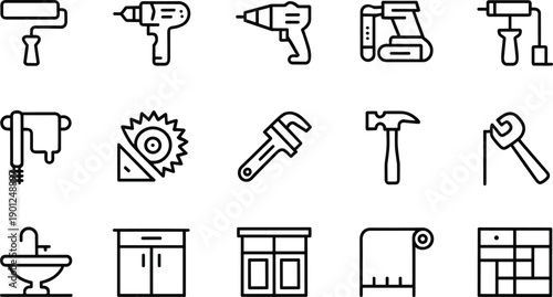 Bathroom renovation tool icons set, drills saws hammers trowel rollers plumbing fixtures sink cabinets tiles towel vector outline minimal line