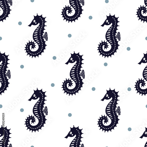 Cute seahorse. Silhouette. Seamless pattern. Can be used in textile industry, paper, background, scrapbooking.
