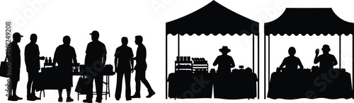 Silhouette of people at outdoor farmers market stalls, customers buying local products, vendors selling under tents, street fair, community trade, isolated vector illustration.
