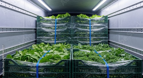 Fresh green leafy vegetables crated and packed in refrigerated truck for efficient transport and delivery
