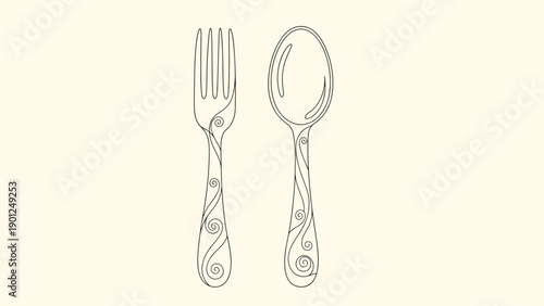 Simple line art illustration of a fork and spoon set with decorative swirl patterns on the handles on a light cream background.