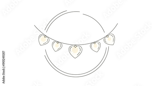 Minimalist line art illustration featuring a decorative banner of hanging hearts enclosed within a circular frame on a white background.
