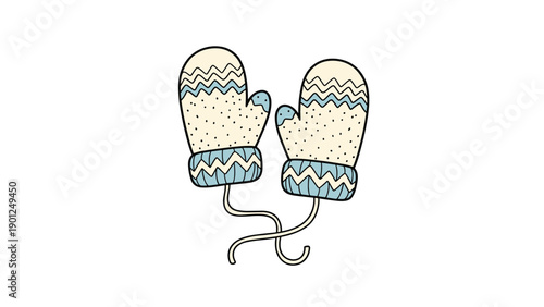 Pair of cozy winter mittens with blue and white geometric patterns connected by a string in a cute hand drawn style.