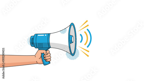 Human hand holding a blue megaphone with yellow and blue sound wave symbols coming out of its speaker on a plain background.