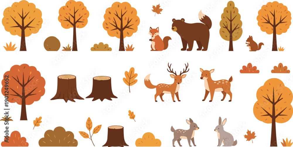 Fototapeta premium Autumn forest animals and trees set with deer bear fox rabbit fall vector