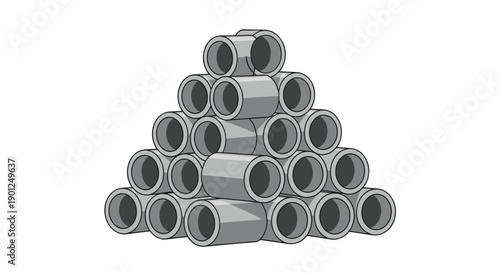 Neatly stacked pyramid of grey concrete pipes, showcasing raw building materials for drainage or infrastructure