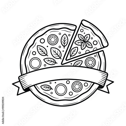 A classic handdrawn black and white outline illustration of a delicious pizza with toppings and a banner