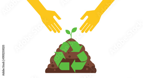 Hands Protecting Seedling Growing from Compost with Recycling Symbol. Green Energy and Sustainable Future Illustration.