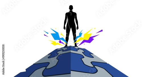 Global Leadership and Achievement: Powerful Man Silhouette Standing on Puzzle Earth Platform with Dynamic Energy Bursts Vector Illustration