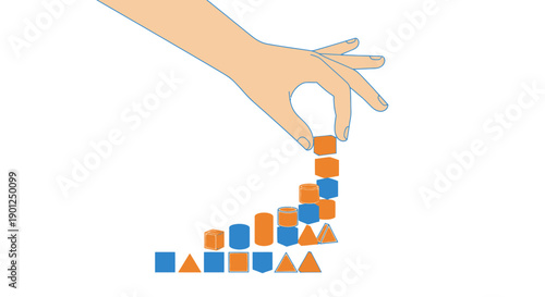 Hand stacking colorful geometric blocks, forming a rising structure that symbolizes business growth, progress, development, and data visualization.