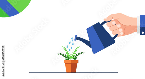 Nurturing Business Growth: Hand Watering Plant for Investment, Startup Development, and Financial Success Metaphor Illustration