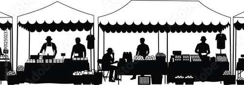 Silhouette of people at outdoor farmers market stalls, customers buying local products, vendors selling under tents, street fair, community trade, isolated vector illustration.