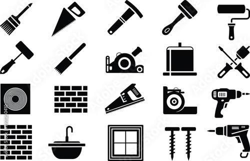 Black construction tool icons set, hand tools and power tools silhouettes, paintbrush saw drill tape measure screws window sink vector