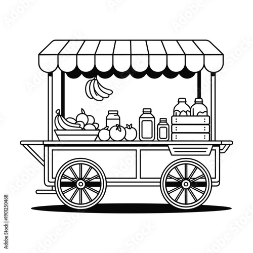A traditional fruit cart illustration displaying fresh produce and bottled beverages for sale