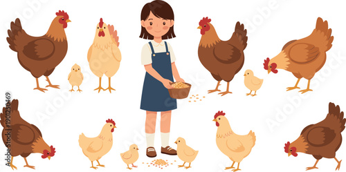Cute girl feeding chickens and chicks farm animal scene with poultry cartoon vector