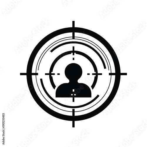A black silhouette of a persons head and shoulders in the center of a target or bullseye symbol