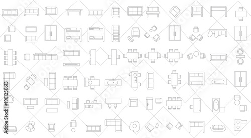 A collection of various architectural line drawings isolated on transparent background