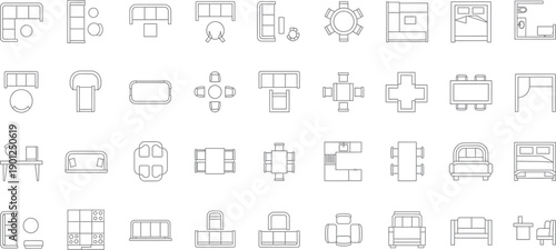 Collection of various furniture line drawings isolated on transparent background