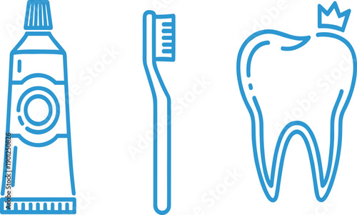 Dental care line illustration vector with toothpaste tube, toothbrush, and healthy tooth icon for oral hygiene, dentistry, and medical healthcare design