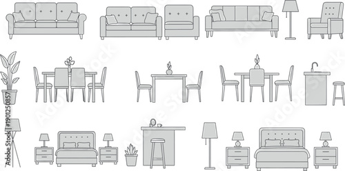 Furniture set illustrations isolated on transparent background