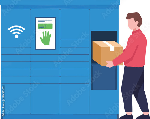 Smart Locker Delivery Outline Icon Set  Man Depositing Package, Digital Parcel System