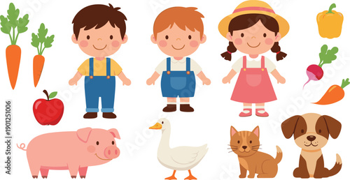 Cute farm children animals and vegetables set with kids pig dog cat goose vector