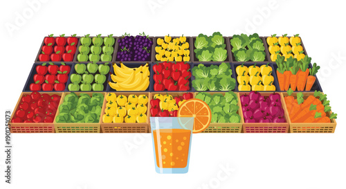 Colorful farmers market stall displaying an abundant variety of fresh fruits and vegetables in organized bins, with a