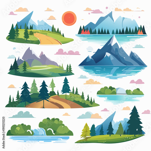 Collection of nine cartoon-style landscape illustrations featuring mountains, forests, lakes, and waterfalls against a white background with a sunny sky.