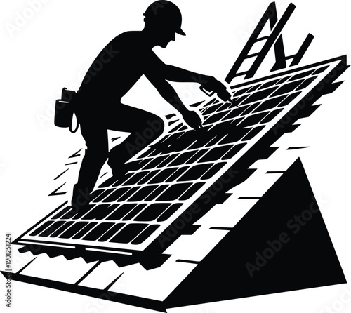 Worker installing solar panels on a roof under construction