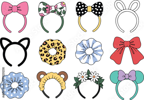 Fun Hair Accessories Outline Icon Set Colorful Clips, Bands, and Cute Styling Items