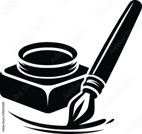 Vintage inkwell and quill pen illustration in black and white