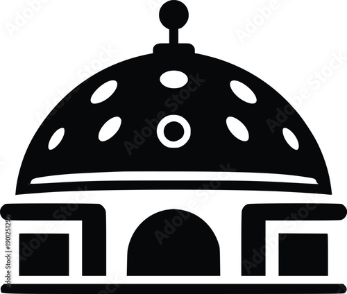 Black and white illustration of a dome-shaped building with intricate details