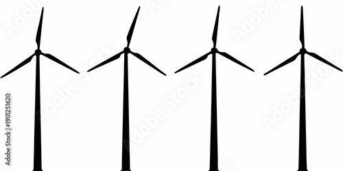 A row of four black wind turbines against a plain white background