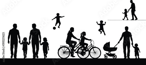 Black silhouettes of families and children engaged in various activities family people