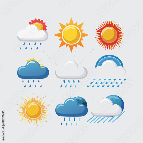 Graphic illustration of various weather icons including sun, clouds, and rain on a plain white background.