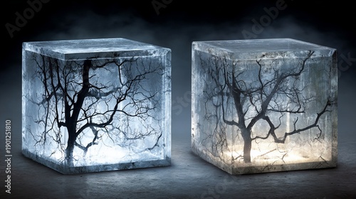 Two frosted ice cubes, each encapsulating a leafless tree silhouette, glowing from within
