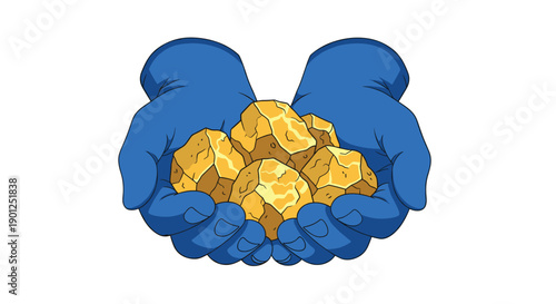 Pair of blue gloved hands carefully holding a collection of substantial gold nuggets, symbolizing protected handling of