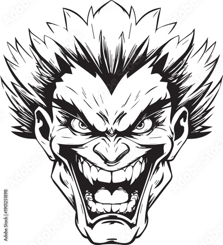 Angry Comic Villain Face Mascot Logo in Black and White Vector Style