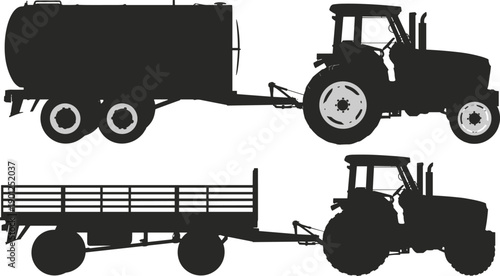 Agricultural tractor with trailer icons set farm transport vehicle silhouettes for rural logistics vector illustration isolated on white background