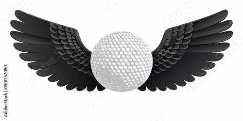 A white golf ball with black wings suggesting flight and speed