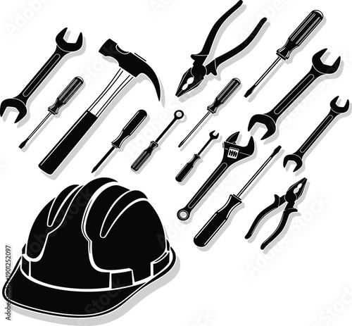 Construction tools and safety helmet silhouette illustration vector set with wrench, screwdriver, pliers, hammer, and hard hat for industrial and repair design