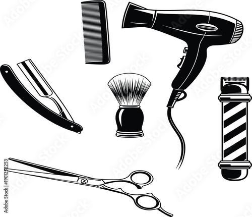 Barber shop tools silhouette illustration vector with scissors, razor, hair dryer, comb, brush, and clipper for grooming, haircut, and salon design
