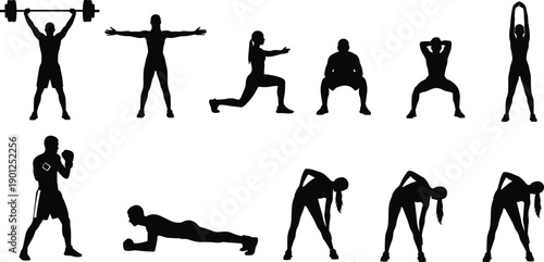 Silhouette of people doing fitness exercises and gym workouts, collection of men and women training, bodybuilding boxing and healthy lifestyle vector illustration,