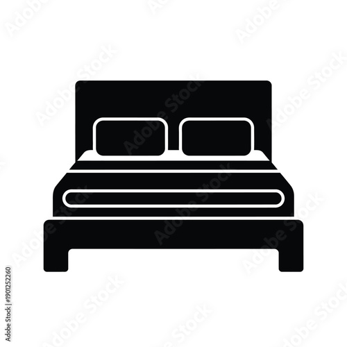 A simple black and white icon of a bed with a headboard and two pillows