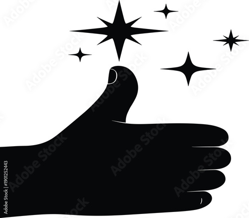 Hand gesture silhouette illustration vector with thumbs up and sparkling stars symbolizing approval, success, quality, positivity, and achievement in modern graphic design