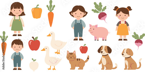 Cute farm kids animals and vegetables set with children dog cat pig goose vector