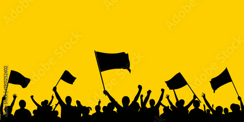 Silhouetted crowd of people raising black flags against a yellow background