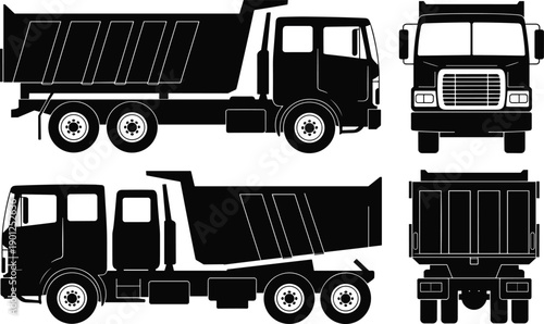 Black dump truck icons set showing multiple views construction tipper vehicles heavy transport vector illustration isolated on white background