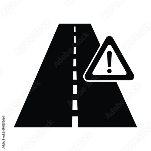 Black road sign with exclamation mark on indicating caution or warning ahead