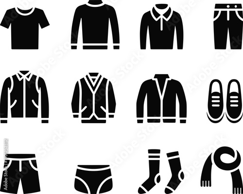 Clothing apparel icons set, t-shirt sweater jacket pants shoes socks scarf underwear shorts silhouettes vector flat black design collection fashion